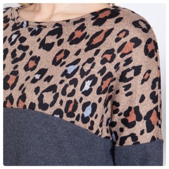 Leopard Print Color Block Long Sleeve Knit Top Women’s Casual Loose Fit-NEW - Picture 4 of 7
